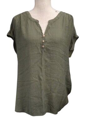 Perseption Olive Green Short Sleeve Henley Blouse